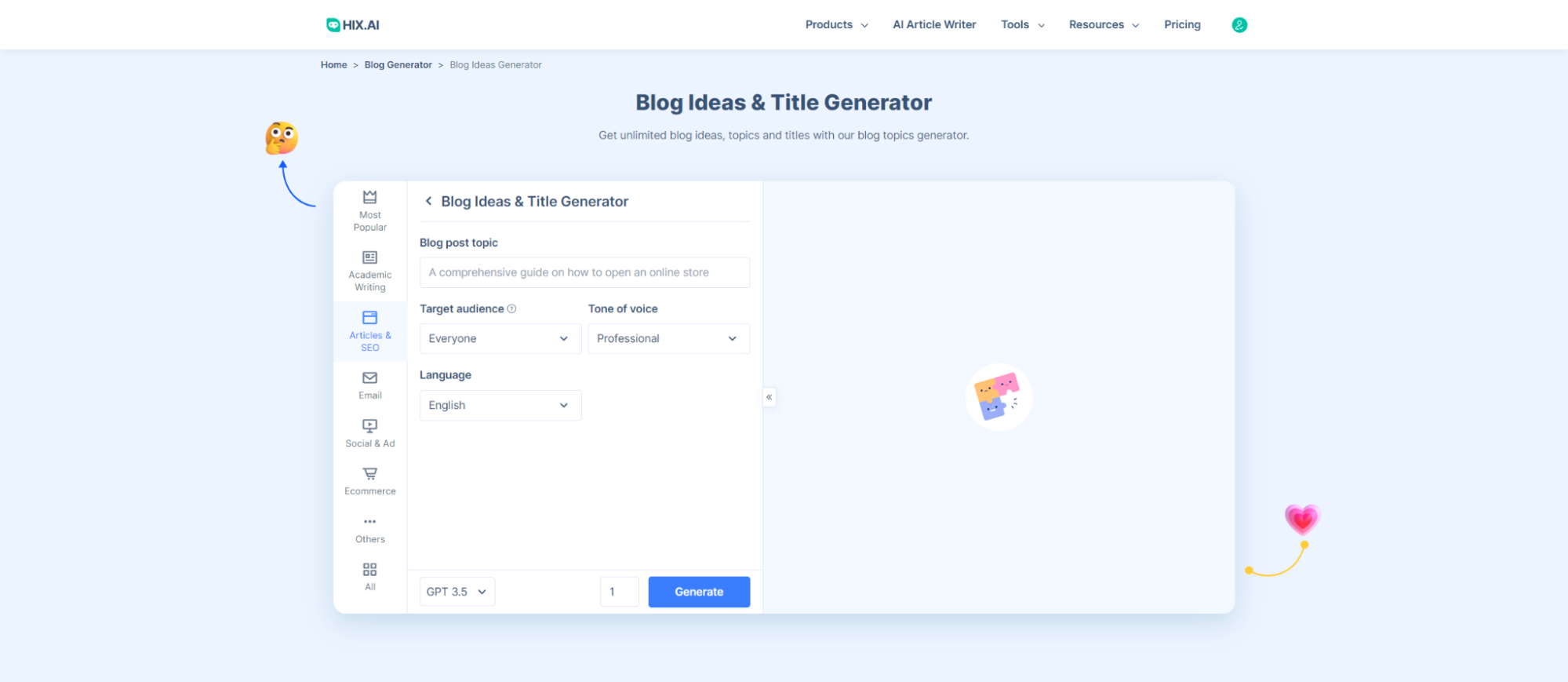 HIX.AI مدونة أفكار عنوان المولد